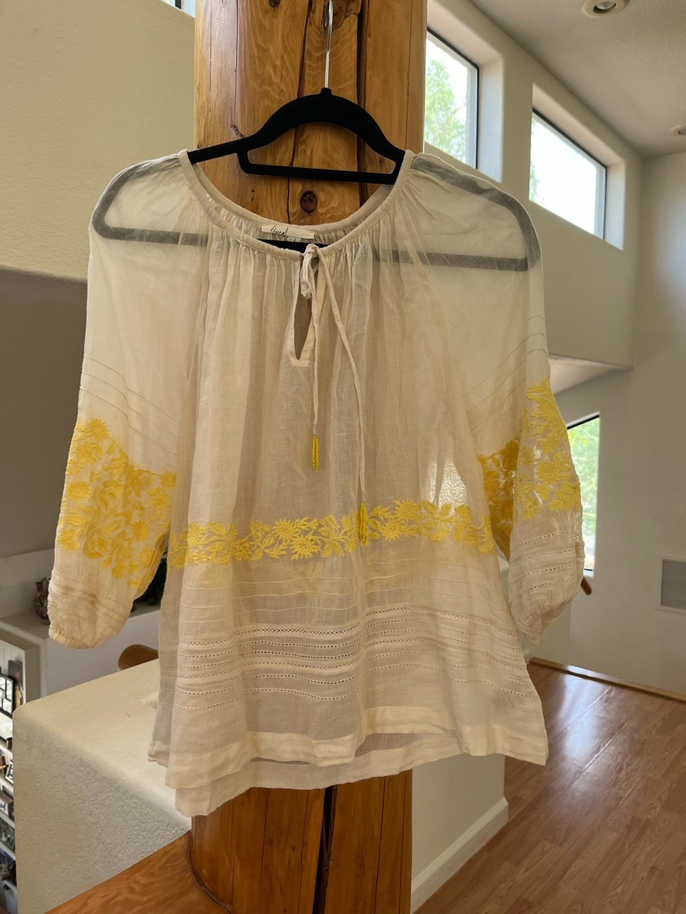 Floreat White by Anthropology Peasant Blouse with Yellow Floral Embroidery